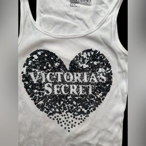 vintage Victoria's Secret White Tank Black Sequin Heart super model essentials L